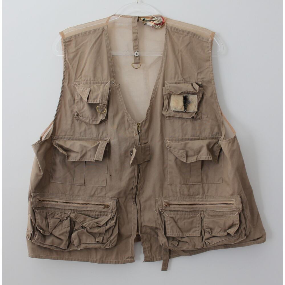 World Famous Fishing Vest Mens Multi Pocket Mesh Back Tan Size L Pre-Owned